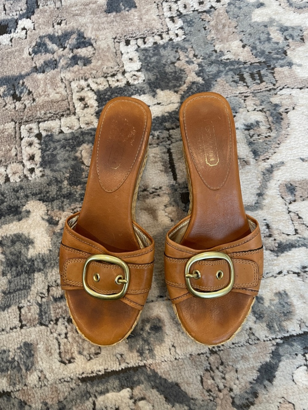 Coach Tan Leather Slide Heels with Gold Buckle Accent